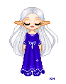 An elven character with white hair and a flowing blue dress